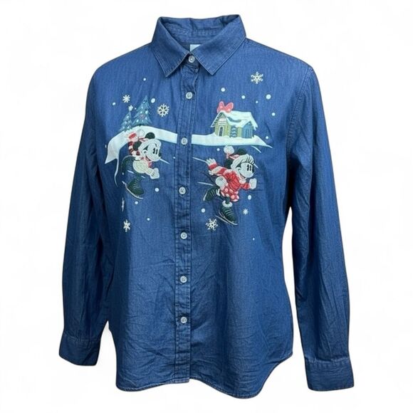 Disney Parks Christmas Denim Jean Button Down L - Picture 1 of 5